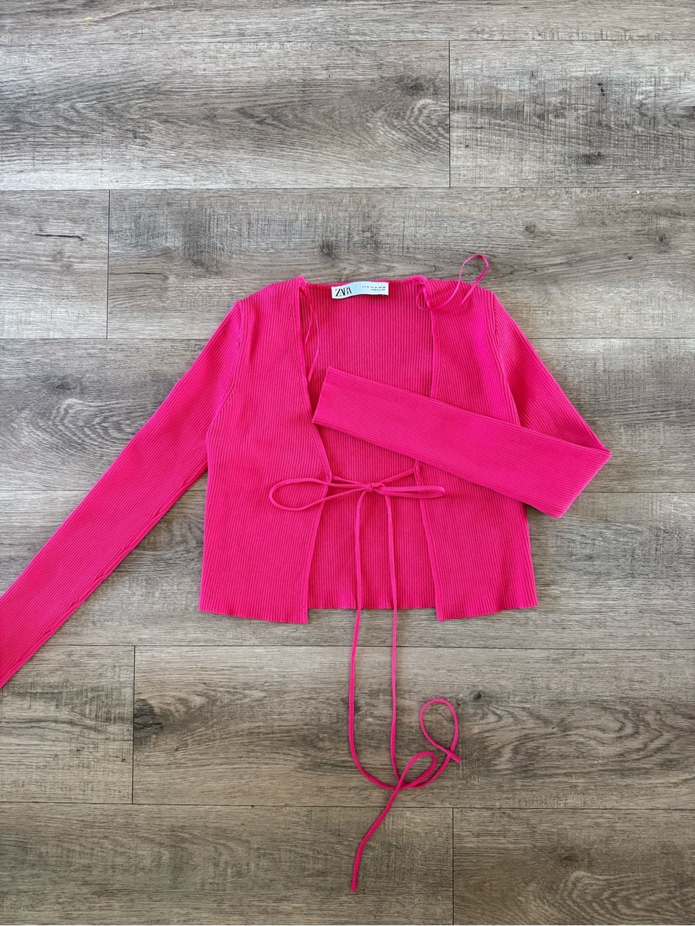 Zara Bright Pink Ribbed Tie-Front Cardigan Jacket medium
